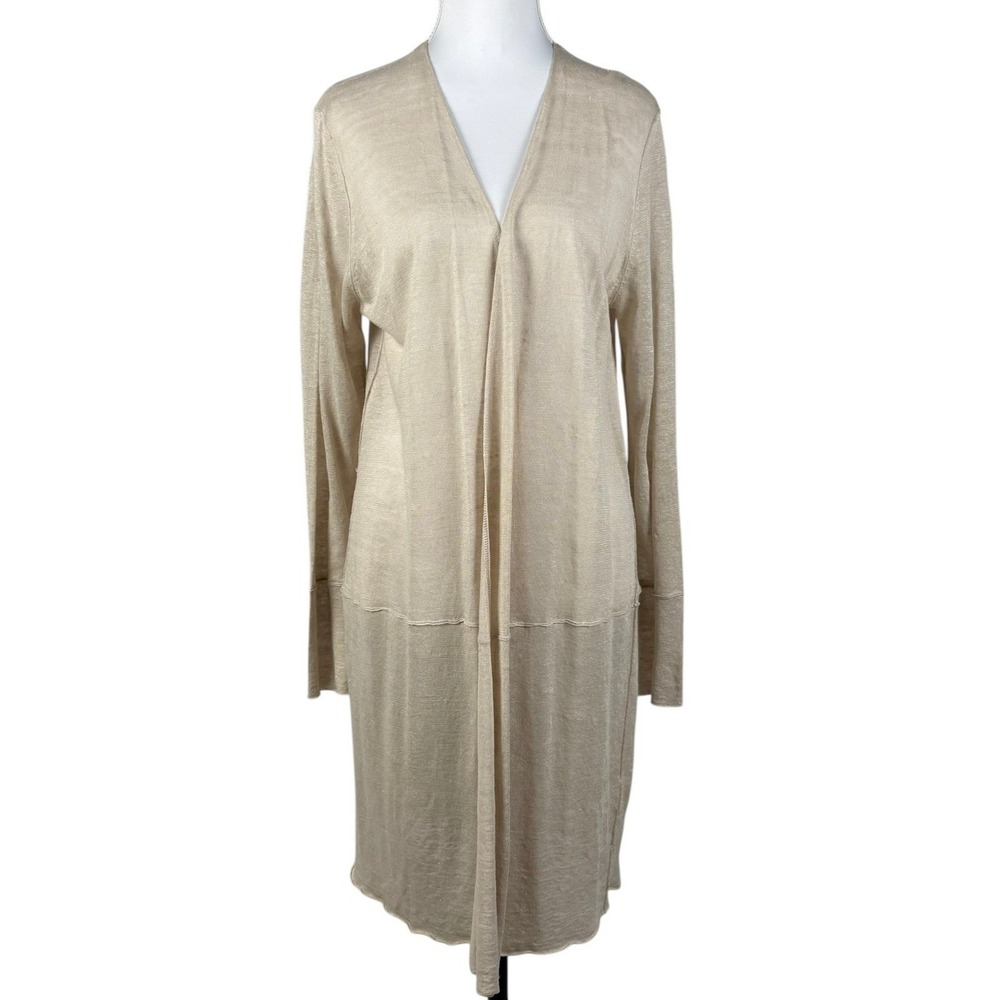 Eileen Fisher 100% Linen Long Cardigan Womens M Beige Open Front Minimalist